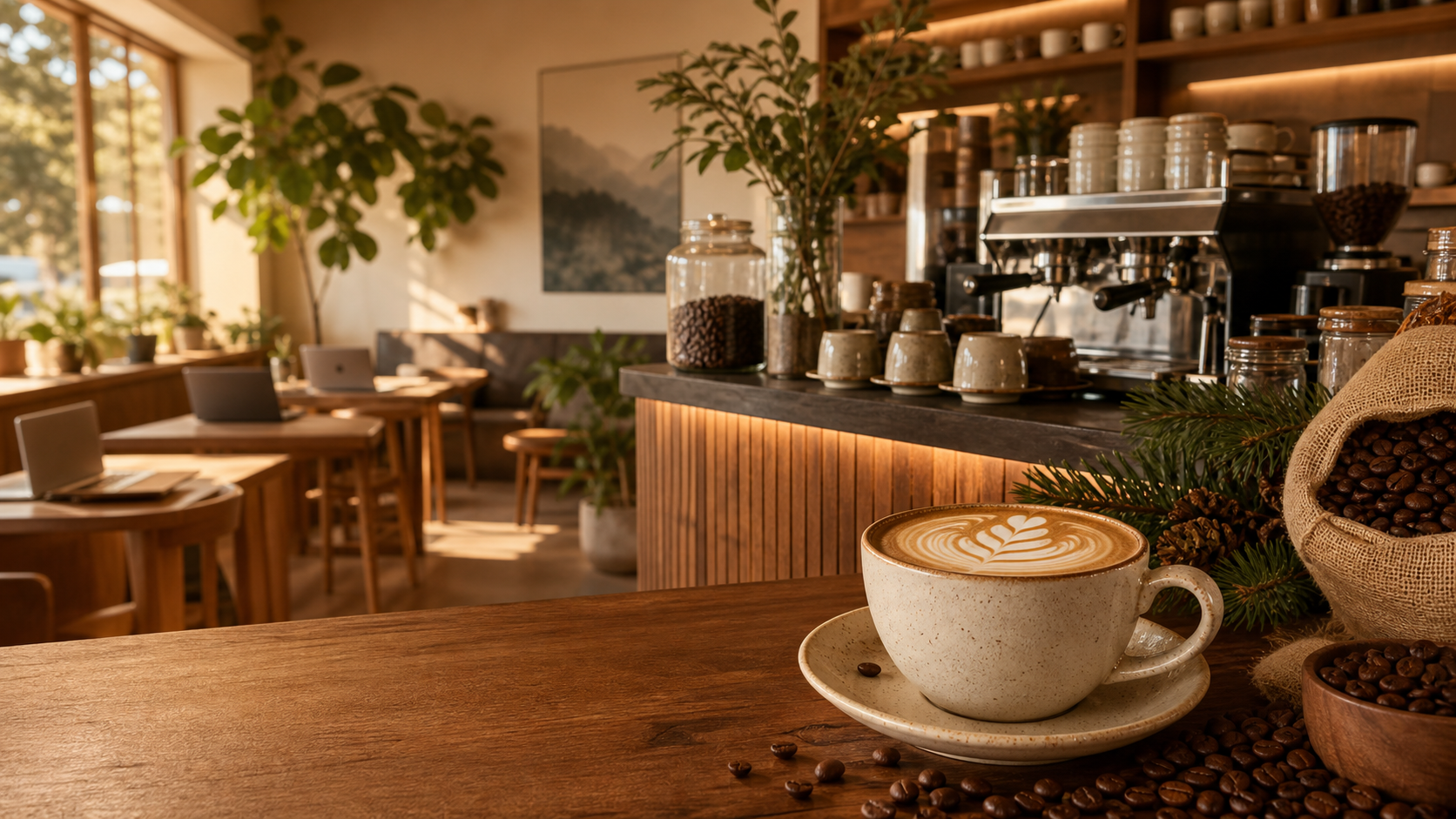 Interior aconchegante de cafeteria com xícara de café, grãos e mesas para trabalho